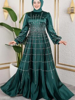 Zümrüt Yeşili Kafes Model Saten Abiye Elbise