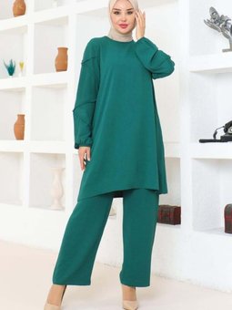 Zümrüt Yeşili Kol Detaylı Aerobin İkili Takım