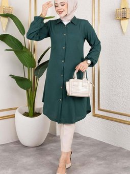 Zümrüt Yeşili Manşeti Lastikli Viskon Tunik