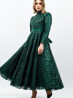 Zümrüt Yeşili Payetli Prenses Model Abiye Elbise