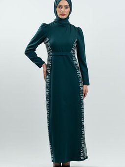 Zümrüt Yeşili Taş Detaylı Abiye Elbise