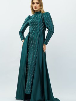 Zümrüt Yeşili Taş Detaylı Saten Abiye Elbise