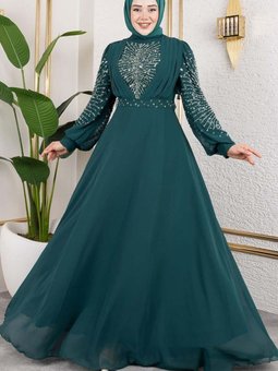 Zümrüt Yeşili Taş İşlemeli Şifon Abiye Elbise