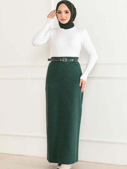 Zümrüt Yeşili Uzun Kemerli Kaşe Kalem Etek