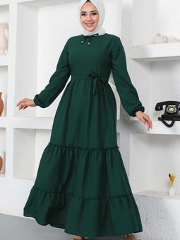 Zümrüt Yeşili Yakası Bağcıklı Patlı Elbise