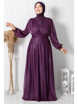 Payet Detaylı Simli Tül Büyük Beden Abiye Elbise Mürdüm