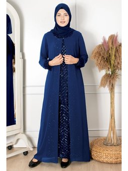 Pelerinli Payet Detaylı Abiye Elbise Lacivert