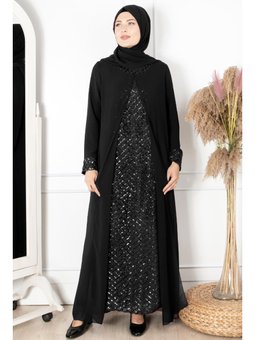 Pelerinli Payet Detaylı Abiye Elbise Siyah