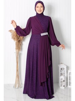 Şehrazat Simli Büyük Beden Abiye Elbise Mor