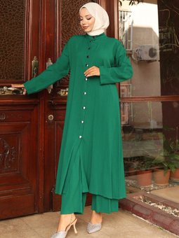 Yeşil Yaka Detaylı Uzun İkili Takım