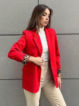 Kırmızı Leopar Detaylı Blazer Ceket