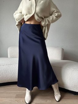 Lacivert Uzun Saten İhracat Etek