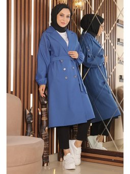 Düğme Detaylı İndigo Trençkot