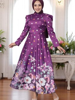 Mürdüm Çiçekli Puantiyeli Saten Abiye Elbise