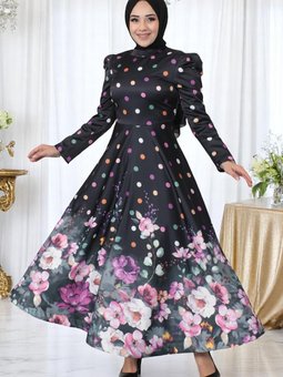 Siyah Çiçekli Puantiyeli Saten Abiye Elbise