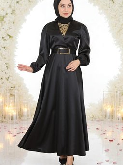 Siyah Taş Detaylı Saten Abiye Elbise