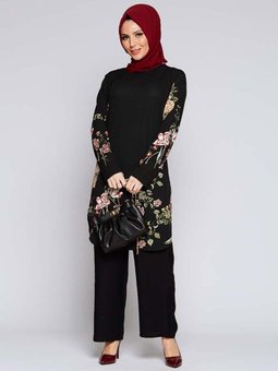 Çiçek Desenli Burcu Tunik Pudra Siyah