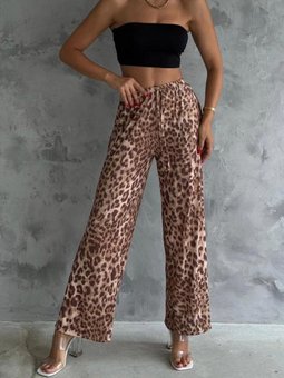 Açık Leopar Desenli Beli Bağlamalı Renk Pantolon