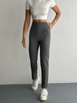 Gri Çizgili Double Kumaş Bel Kemer Detaylı Havuç Pantolon