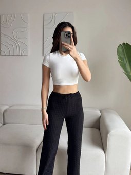 Siyah Beli Bağcıklı Gofre Kumaş Salaş Pantolon