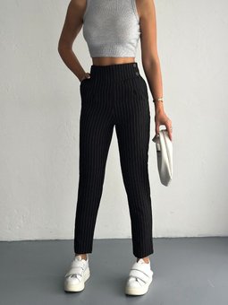 Siyah Çizgili Double Kumaş Bel Kemer Detaylı Havuç Pantolon