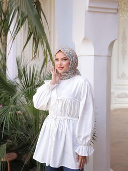 Beyaz Beli Büzgülü Lastikli Kimono Tunik