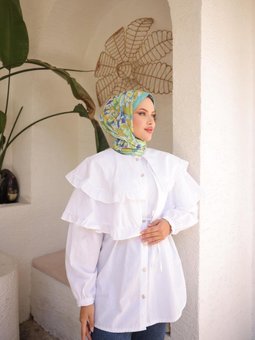 Beyaz Çift Pelerinli Beli Bağlamalı Tunik