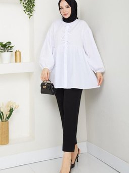 Beyaz Poplin Kumaş Fiyonklu Balon Kol Tunik