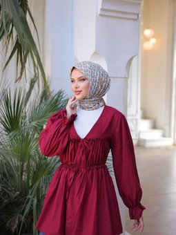 Bordo Beli Büzgülü Lastikli Kimono Tunik