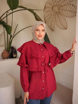 Bordo Çift Pelerinli Beli Bağlamalı Tunik