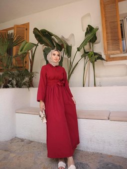 Bordo Önü Çapraz Belden Bağlamalı Elbise