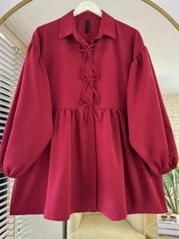 Bordo Poplin Kumaş Fiyonklu Balon Kol Tunik