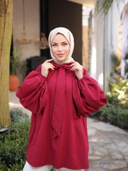 Bordo Yakası Fularlı Pileli Tunik