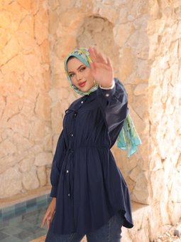 Lacivert Beli Büzgülü Bağlamalı Tunik