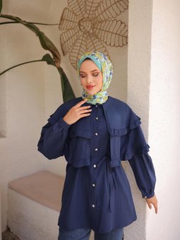 Lacivert Çift Pelerinli Beli Bağlamalı Tunik