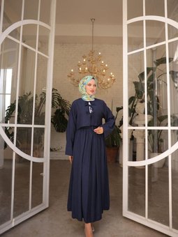 Lacivert Çilek Kumaş Önü Bağlamalı Kimono Etekli İkili Takım