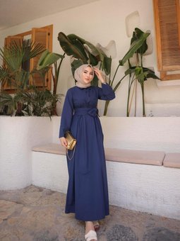 Lacivert Önü Çapraz Belden Bağlamalı Elbise