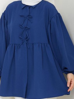 Lacivert Poplin Kumaş Fiyonklu Balon Kol Tunik