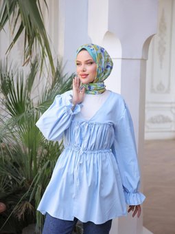 Mavi Beli Büzgülü Lastikli Kimono Tunik