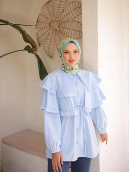 Mavi Çift Pelerinli Beli Bağlamalı Tunik