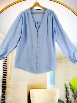 Mavi Lityum Kumaş V Yaka Biritli Tunik