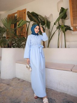 Mavi Önü Çapraz Belden Bağlamalı Elbise