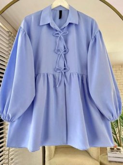 Mavi Poplin Kumaş Fiyonklu Balon Kol Tunik