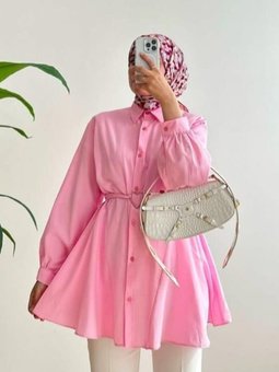 Pembe Kalp Tokalı Kemerli Tunik