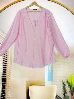 Pembe Lityum Kumaş V Yaka Biritli Tunik