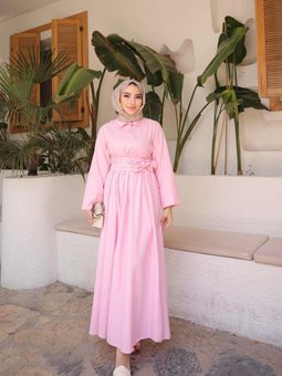 Pembe Önü Çapraz Belden Bağlamalı Elbise