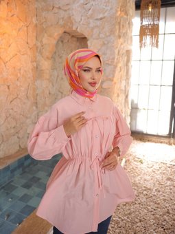 Pudra Beli Büzgülü Bağlamalı Tunik