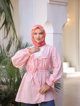 Pudra Beli Büzgülü Lastikli Kimono Tunik