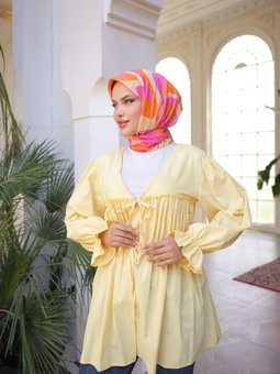 Sarı Beli Büzgülü Lastikli Kimono Tunik