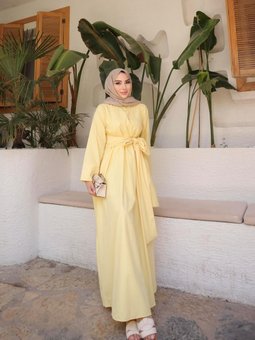 Sarı Önü Çapraz Belden Bağlamalı Elbise